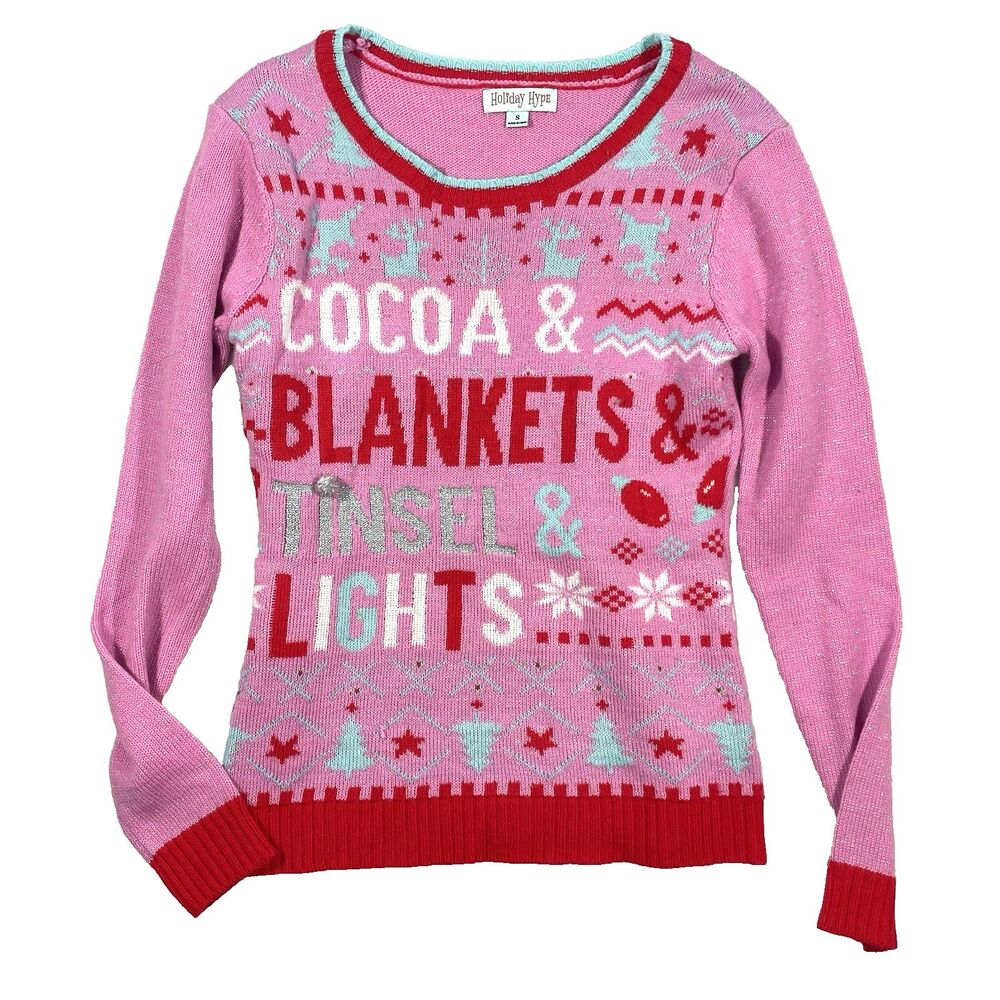 Holiday Hype Ugly Christmas Sweater Womens Large Pink Cocoa Tinsel Light Winter